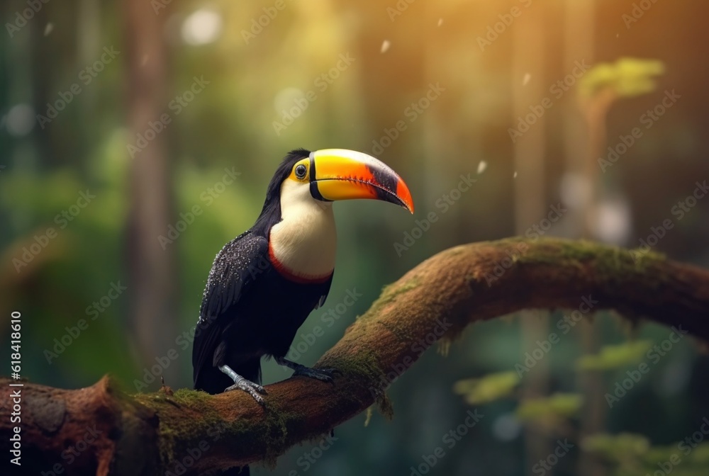 Toucan sitting on a branch in forest with blurred background Toucan sitting on a branch in forest with blurred background