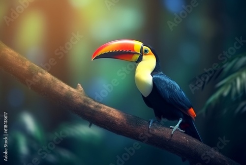 Toucan sitting on a branch in forest with blurred background