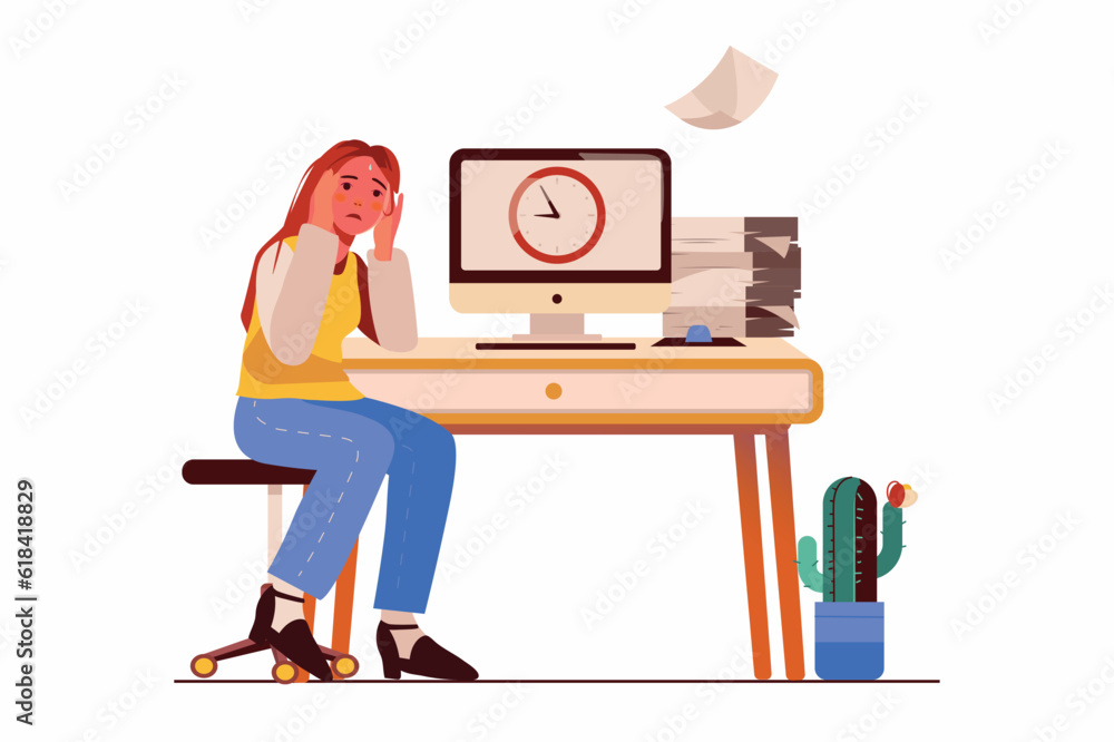 Deadline concept with people scene in the flat cartoon style. The worker is upset because she doesn't have time to complete the tasks. Vector illustration.