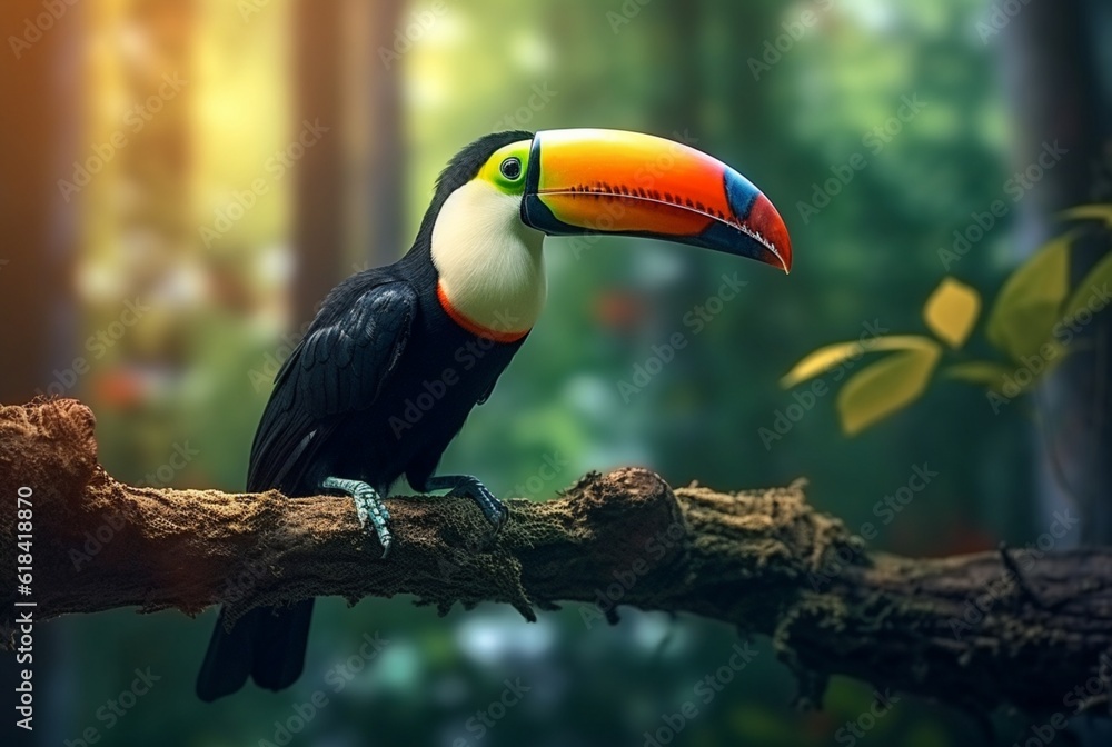 Fototapeta premium Toucan sitting on a branch in forest with blurred background