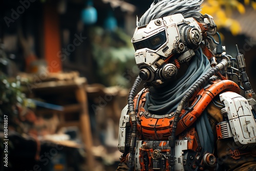 Robot Samurai in the center of a post-apocalyptic