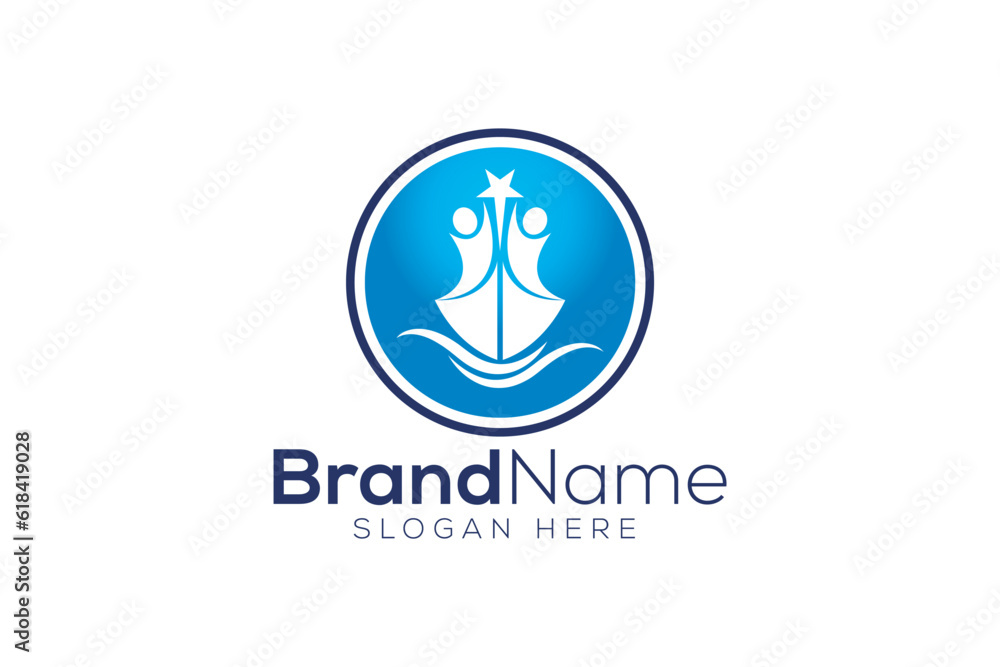 Colorful ship and Happy man wave logo design template