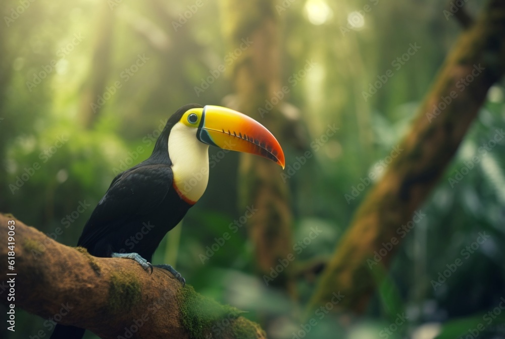 Toucan sitting on a branch in forest with blurred background Toucan sitting on a branch in forest with blurred background