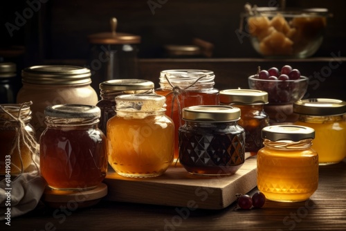 Honey jars table food. Generate Ai