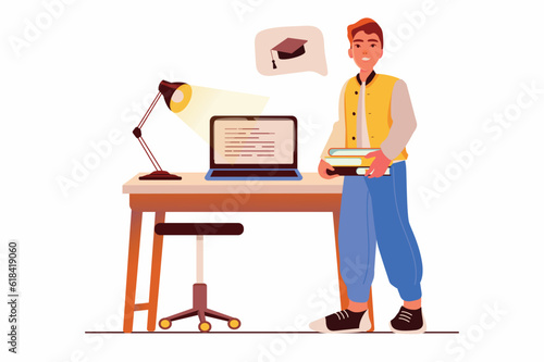Education concept with people scene in the flat cartoon design. A guy is getting an online education while staying at home. Vector illustration.