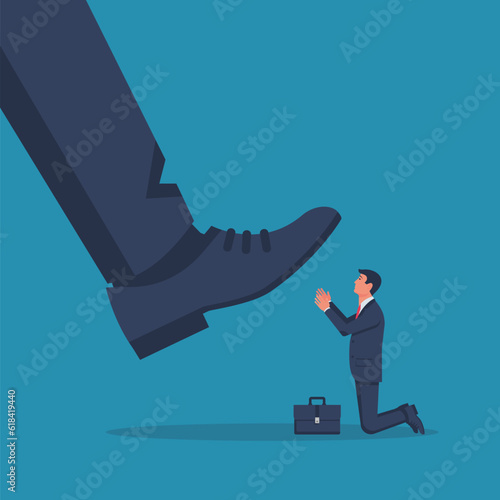 Worker kneeling in front of the big boss. Business leader. Leadership concept. Vector illustration flat design. Isolated on white background.