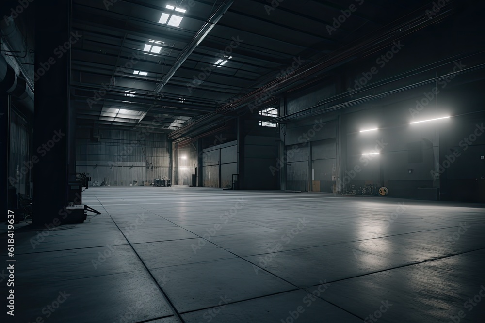 Modern empty warehouse. AI generative