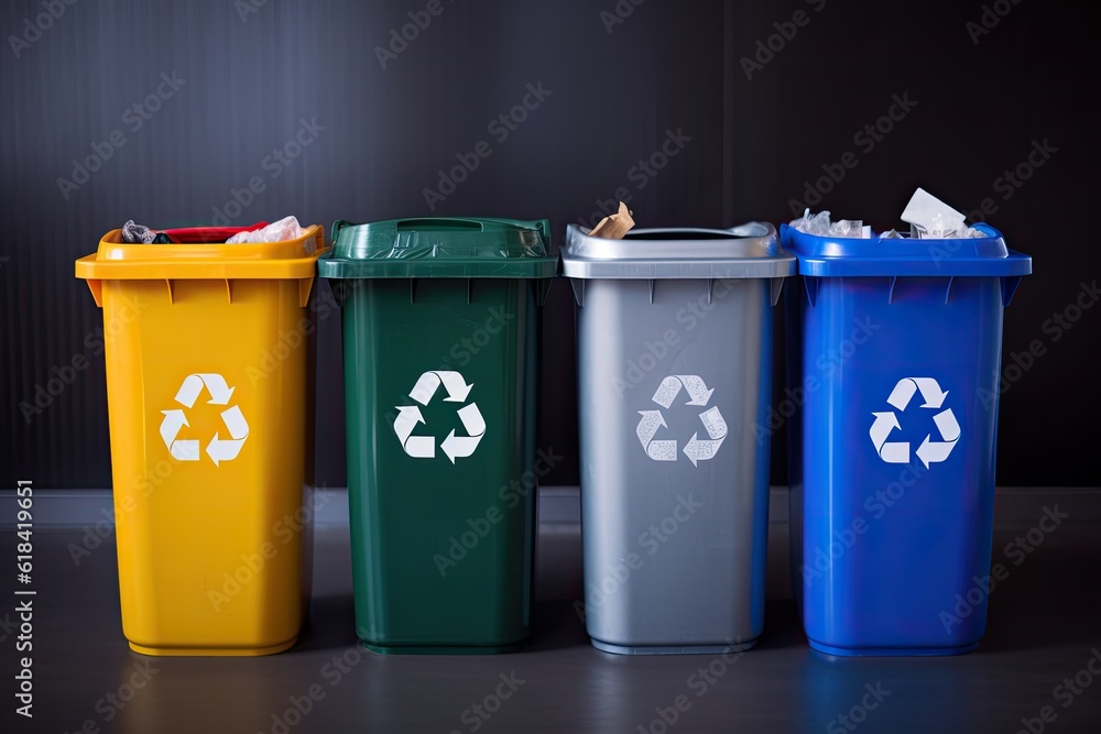 Recycling bins sorted by colour and waste. AI generative Recycling bins sorted by colour and waste. AI generative