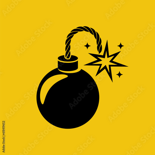 Bomb with a burning wick. Black round bomb with fire fuse. Cartoon dynamite ready to explode. Vector illustration flat design. Isolated on white background.
