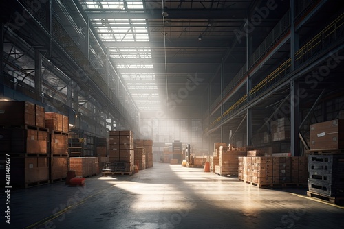 Modern warehouse with shelves and stock. AI generative