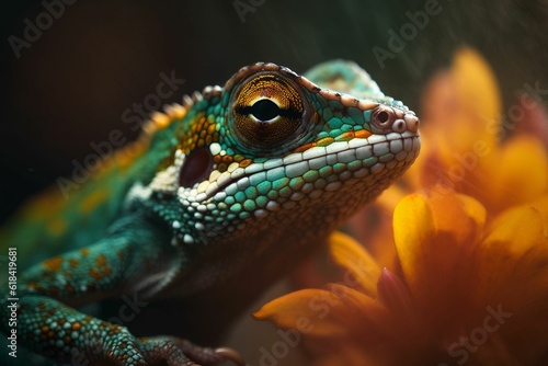 AI generated illustration of a stunning semi-closeup shot of a bright green gecko