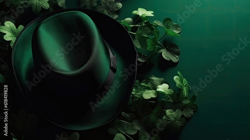 St Patrick's banner concept design of green hat and green leaves on green pastel background