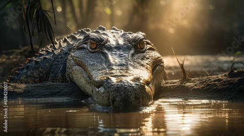 crocodile head protruding out of the water close-up