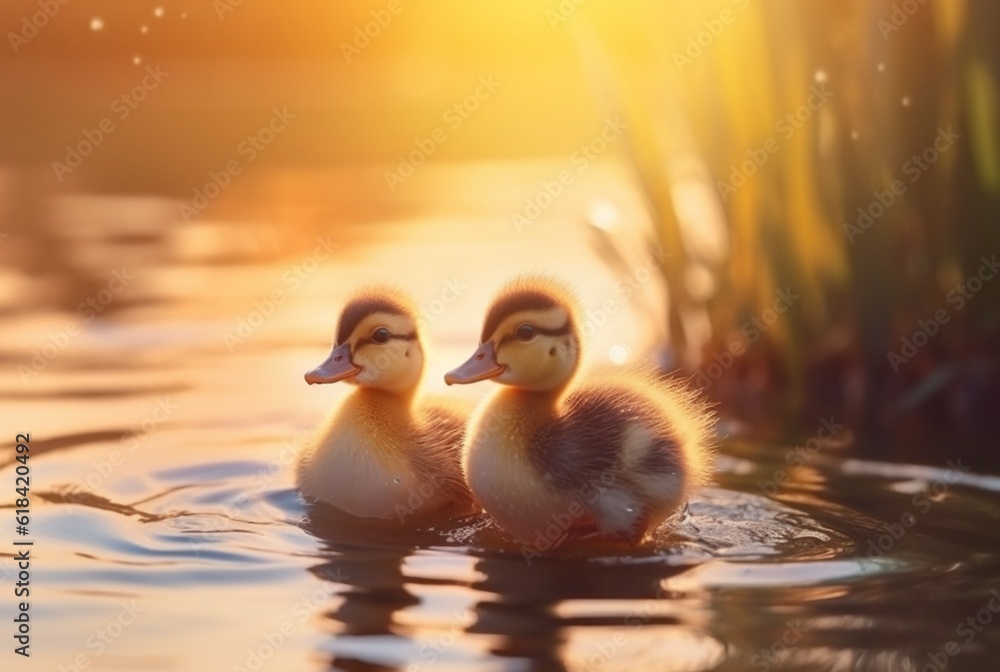 cute duckling swimming in the river with blurred sunlight background. generative ai cute duckling swimming in the river with blurred sunlight background. generative ai