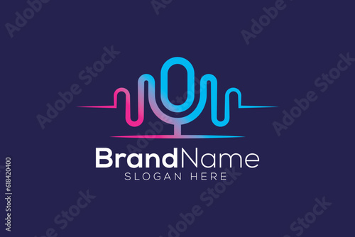 Microphone with colorful sound waves logo design template