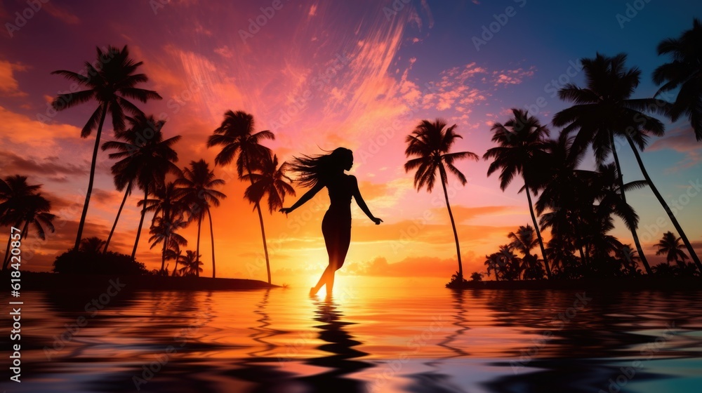 Silhouette of girl at beach dancing in water against sunrise background