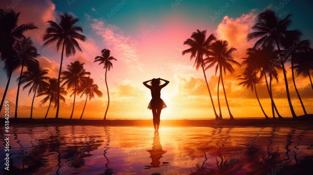 Silhouette of girl at beach dancing in water against sunrise background