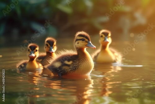 cute duckling swimming in the river with blurred sunlight background. generative ai