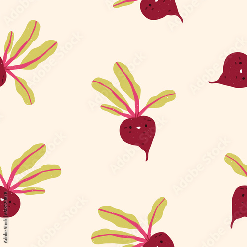 Cute beetroot, seamless pattern, endless background design. Repeating print, texture with funny vegetable character with happy face. Childish flat vector illustration for wrapping, textile, fabric