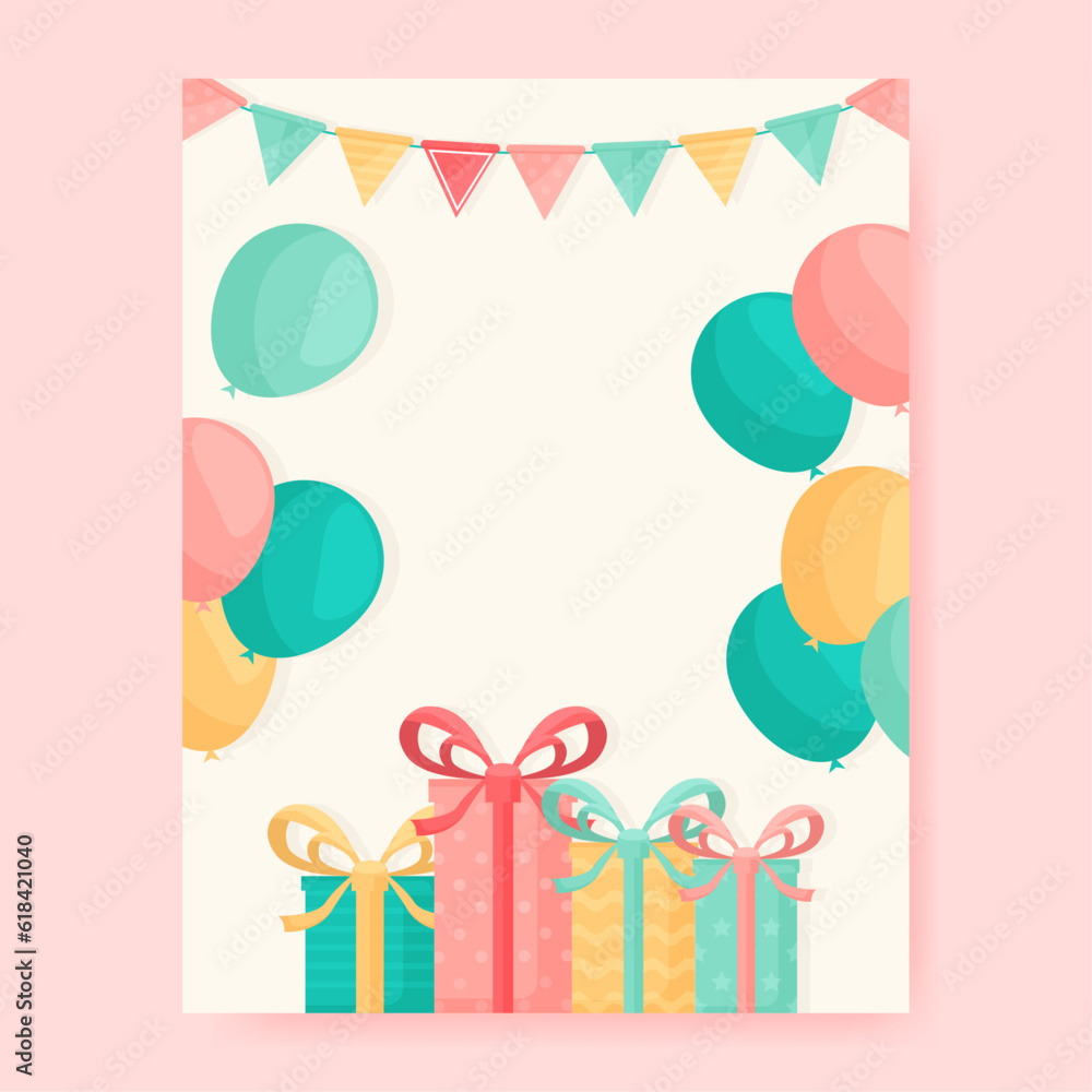 Greeting card with gifts, balloons. Birthday celebration. An invitation to a holiday. Holiday background. Place for text. Vector illustration in a flat style.