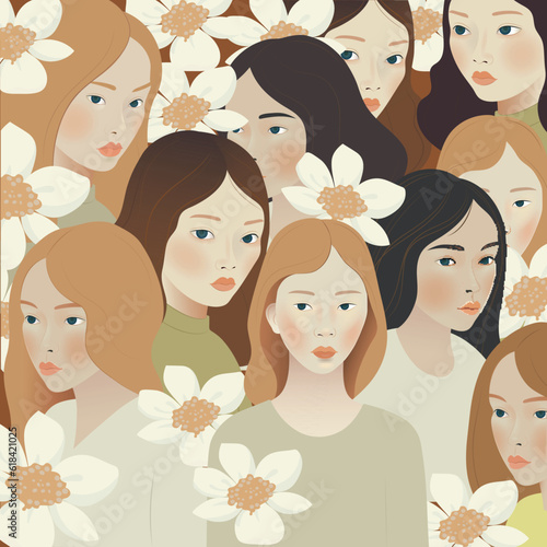 Female Diverse Faces of Different Women Unity Character in Flower Background.