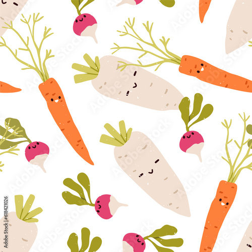 Cute happy vegetables characters, seamless pattern. Endless background, funny carrots, daikon, radish smiling. Healthy food, veggies, repeating print. Childish printable flat vector illustration