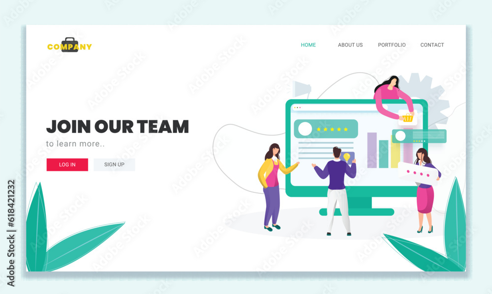 Join Our Team Based Landing Page with Illustration of Business Man and Women Working Together to Maintain the Website in Computer.