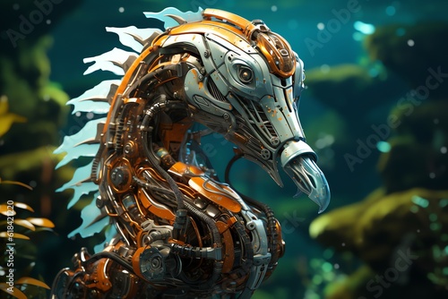 Robot seahorse floating near vibrant seaweed