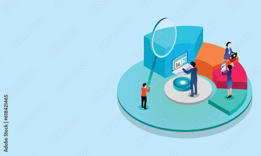 3D Illustration of Miniature People Using Smartphone, Laptop and Magnifying Glass on Colorful Pie Chart for Business Growth or Data Analysis Concept. 3D Illustration of Miniature People Using Smartphone, Laptop and Magnifying Glass on Colorful Pie Chart for Business Growth or Data Analysis Concept.