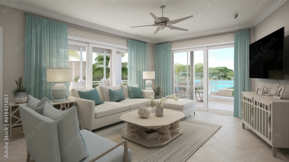 Fototapeta premium Sea side bar interior with wooden floor and metal armchairs