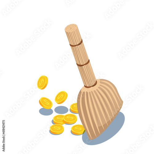 isometric vector illustration on a white background, a broom sweeps gold coins with a dollar sign, getting rid of money or cleaning