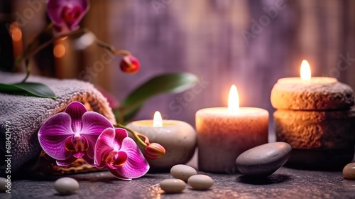 Candles and flowers in a calm relaxing and soothing SPA environment Generative AI Illustration