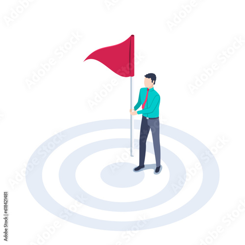 isometric vector illustration on a white background, a man in business clothes with a red flag stands in the center of the target, achieving goals in business