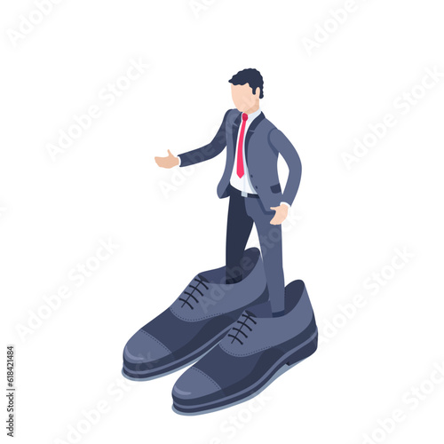 isometric vector illustration on a white background, a man in a business suit stands shod in giant shoes, shoes are not in size or too small for big business photo