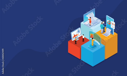 3D Isometric of Businessman and Woman Using Digital Devices with Data Management or Analysis on Different Platform and Space For Message.