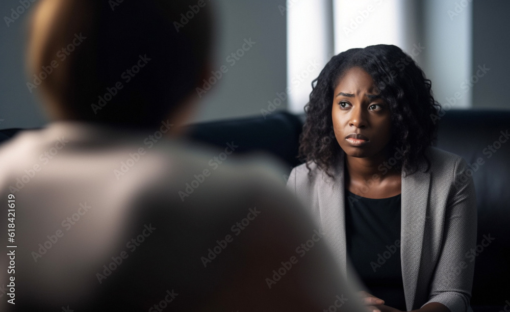 Black woman, sad and thinking in psychologist clinic for mental health ...
