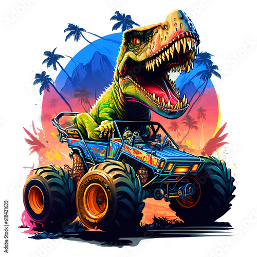 T-Rex dinosaur wearing sunglasses riding a monster truck jumping Clipart isolated on Transparency Background.