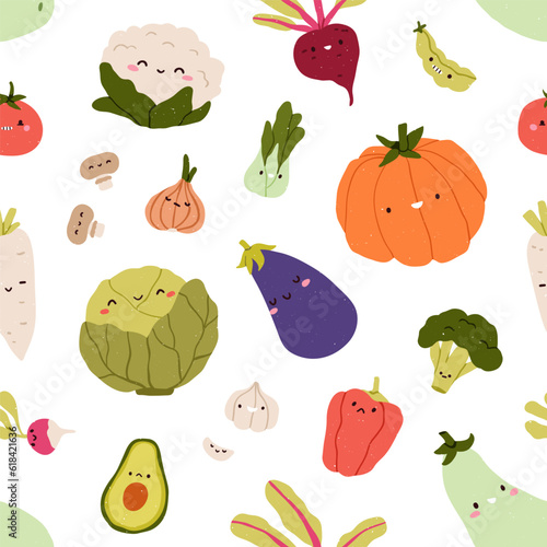 Cute funny vegetable characters, seamless pattern. Endless background, design...