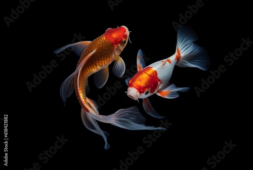 two beautiful koi fish isolated on black background. generative ai