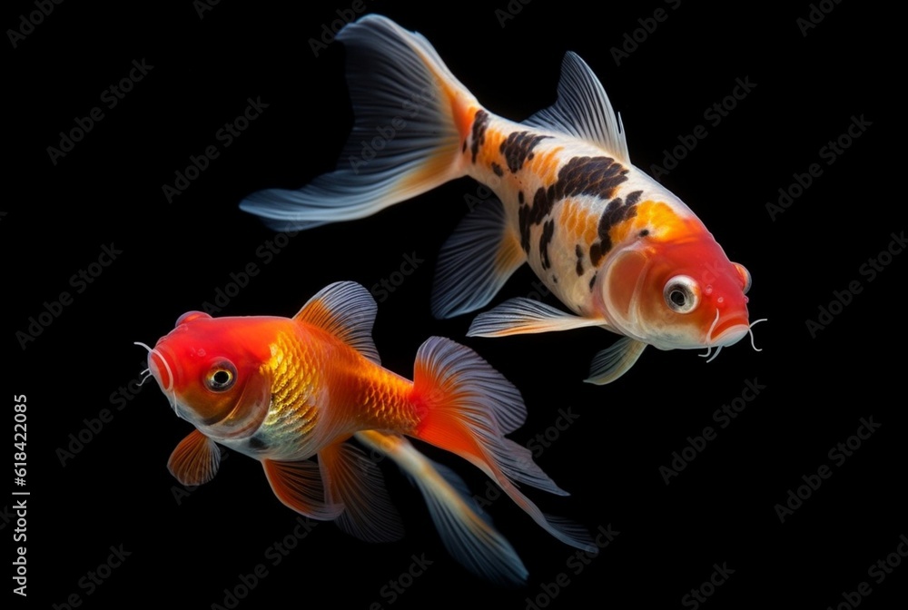 two beautiful koi fish isolated on black background. generative ai two beautiful koi fish isolated on black background. generative ai