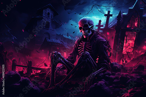 creepy skeleton of destruction, destroyed village, halloween horror scene