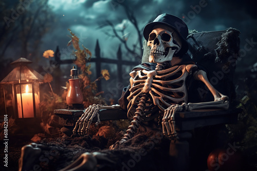 old skeleton in a chair wearing a hat, halloween scene
