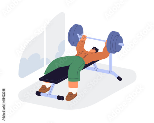 Man doing barbell bench press in gym. Strong person exercising, training with...