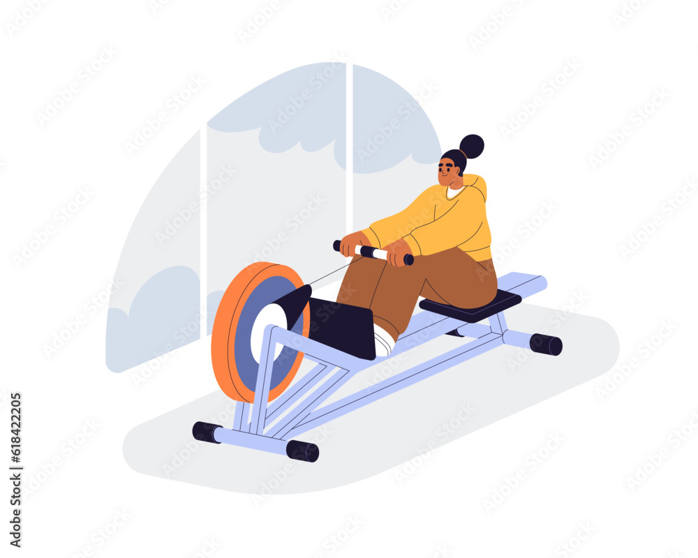 Training on rowing machine. Woman doing rower exercise for back, core