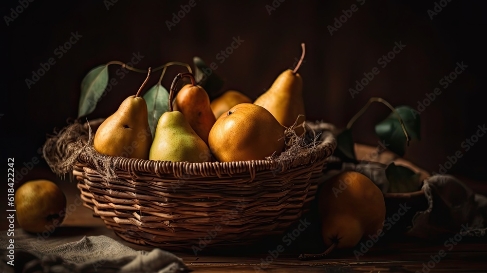 Fresh Pear fruits in the bamboo basket with blur background