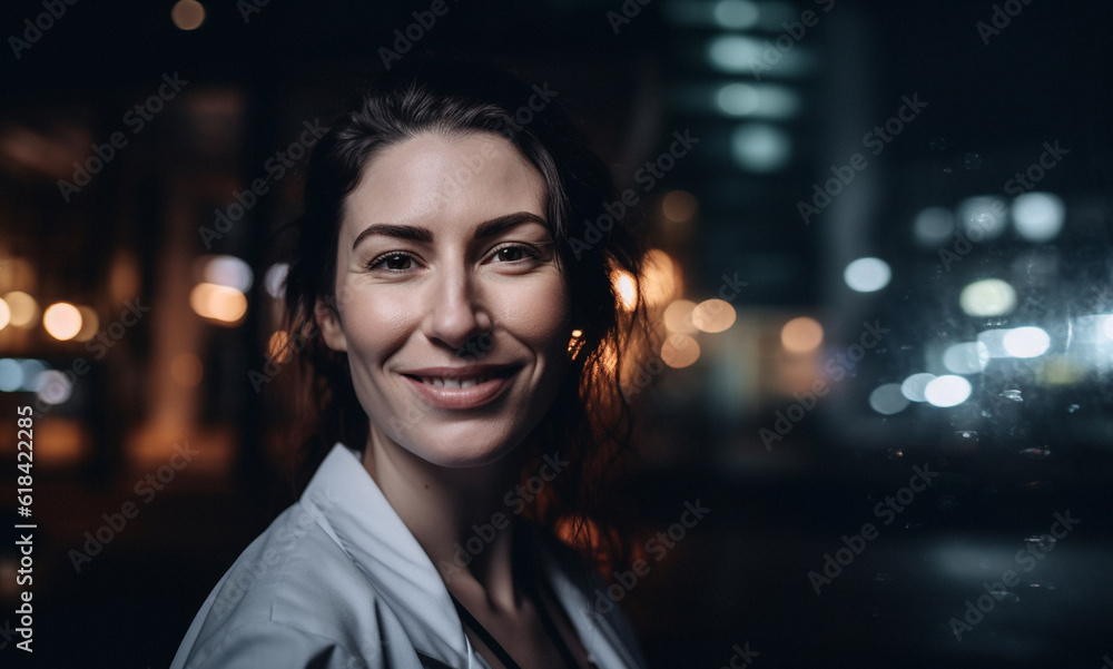 Obraz premium Woman, doctor and face at night by hospital window with trust, confidence and smile while working late in medical clinic. Gp portrait, happy and ai generated healthcare worker on mockup bokeh space