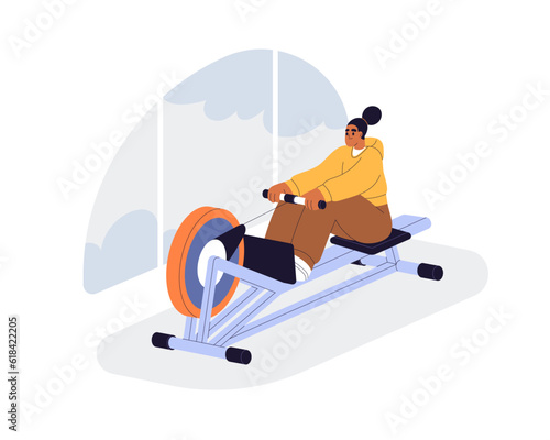 Training on rowing machine. Woman doing rower exercise for back, core muscles strength. Girl working out in gym. Muscular and cardio workout. Flat vector illustration isolated on white background