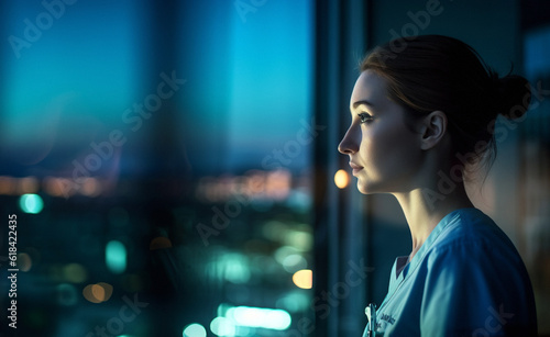 Woman, nurse and thinking by hospital window at night with healthcare vision, ideas and future wellness planning. Ai generated, worker and medical doctor by mockup space and working late in clinic