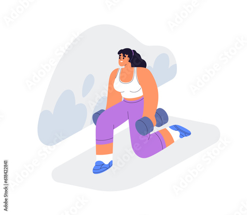 Woman doing sport, body workout, dumbbell lunges exercise. Girl training glutes, legs muscles, endurance with free weights in gym. Flat graphic vector illustration isolated on white background