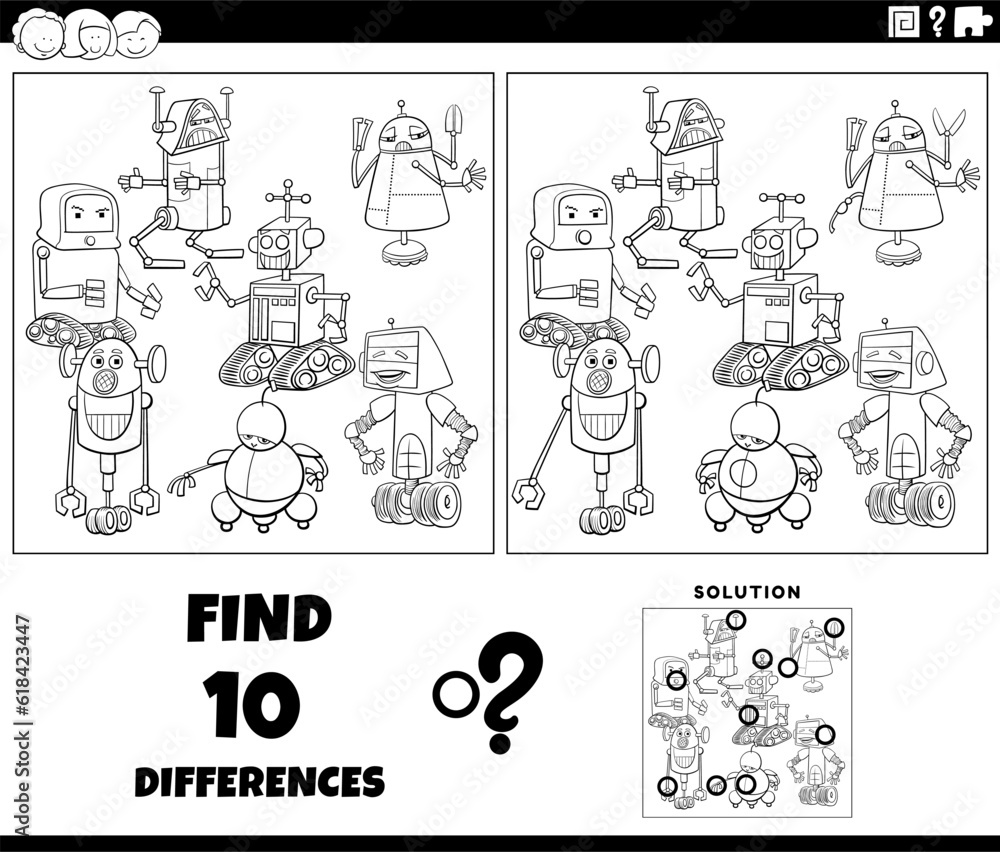 Fototapeta premium differences task with cartoon robots coloring page